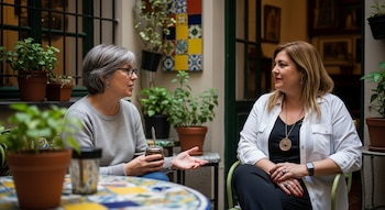 Dos mujeres de mediana edad sentadas en un patio urbano, una con gafas y cabello gris sostiene un mate, la otra con cabello rubio la escucha atenta. Mesa con azulejos y plantas adornan el fondo.