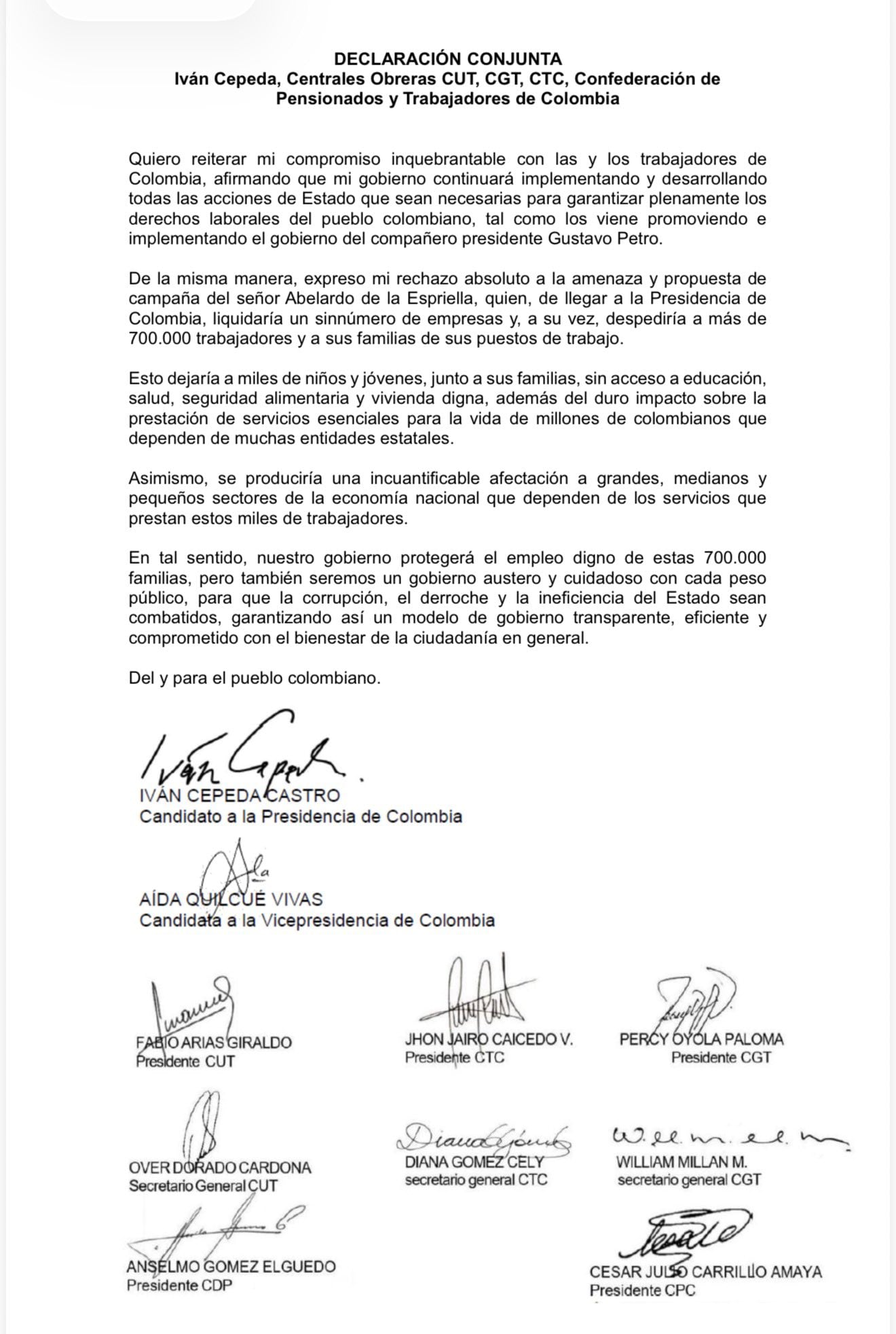 El candidato presidencial Iván Cepeda envió un mensaje a los trabajadores del país. Aseguró que buscará proteger sus derechos laborales - crédito @GustavoBolivar/X