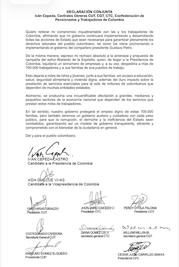 El candidato presidencial Iván Cepeda envió un mensaje a los trabajadores del país. Aseguró que buscará proteger sus derechos laborales - crédito @GustavoBolivar/X