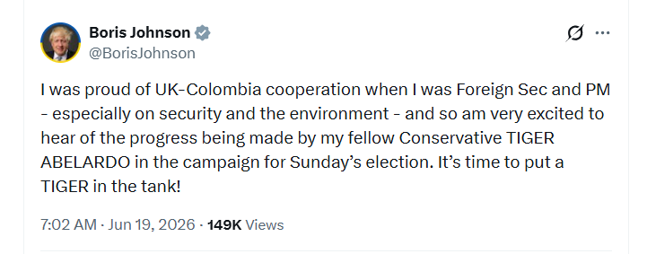 Boris Johnson, ex primer ministro del Reino Unido, manifestó públicamente su respaldo al candidato presidencial colombiano Abelardo de la Espriella - crédito @BorisJohnson/X