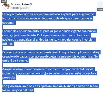 El presidente Gustavo Petro enfatizó la importancia de aprobar el aumento del cupo de endeudamiento para evitar una cesación de pagos y mantener la inversión pública - crédito captura de pantalla / X