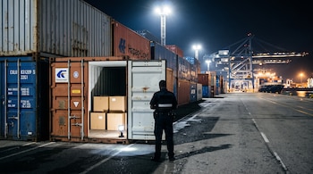 Inspector en uniforme de espalda ante un contenedor de carga abierto con cajas de cartón en un puerto nocturno con grúas.