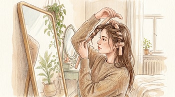 Dibujo de una mujer joven con cabello castaño rizándose el pelo con un dispositivo sin calor, mirando su reflejo en un espejo de cuerpo entero.