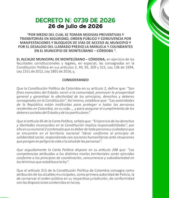 El decreto restringe el porte de armas, el transporte de sustancias peligrosas y algunas actividades de movilidad en el municipio-crédito Alcaldía de Montelibano
