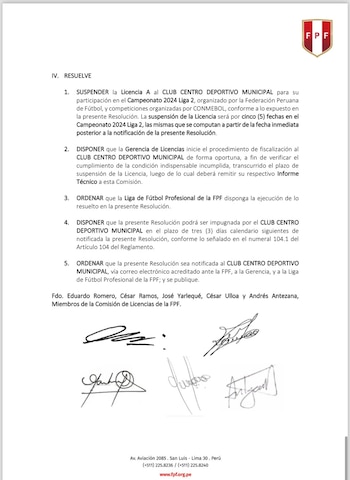Comunicado de la FPF anunciando suspensión de Licencia de Deportivo Municipal