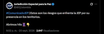 Los agresores se llevaron la camioneta blindada, las armas de dotación, los proveedores y los chalecos balísticos, y la JEP interpretó el hecho como una intimidación contra la defensa judicial - crédito @JEP_Colombia / X
