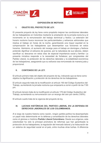 La reforma laboral del Partido Liberal pretende aumentar el pago por trabajo nocturno - crédito @ChaconDialoga/X