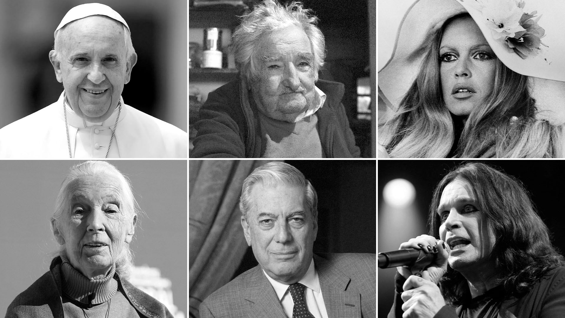 Algunas de las figuras que perdimos en 2025, el papa Francisco, Pepe Mujica, Brigitte Bardote, Jane Goodall, Mario Vargas Llosa y Ozzy Osbourne.
