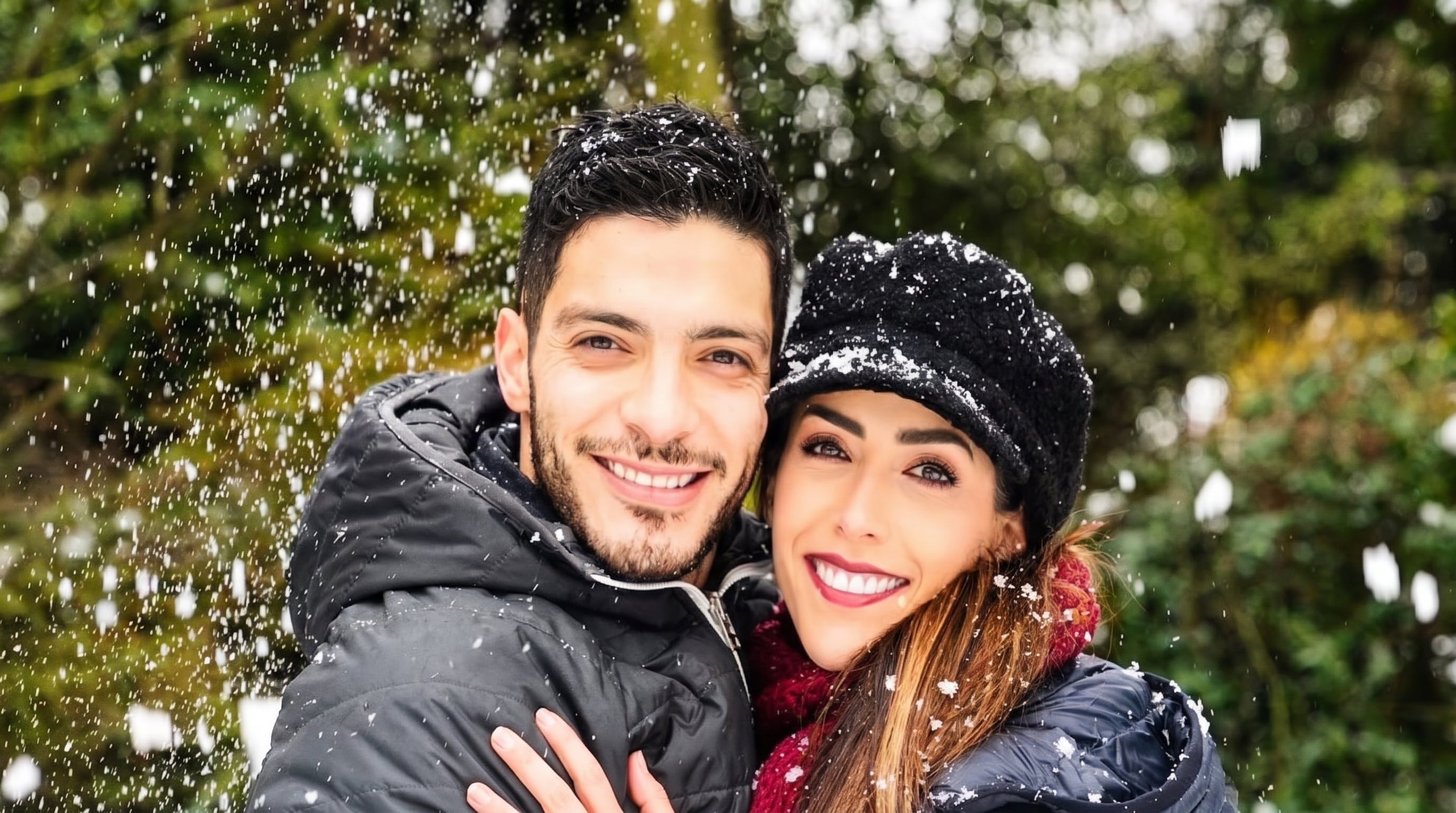 El futbolista Raúl Jiménez y su esposa Daniela Basso posan sonrientes mientras cae nieve (Instagram/@danielabassom)