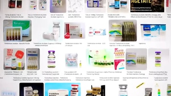 Pantalla con una cuadrícula de imágenes de productos farmacéuticos. Se ven numerosas ampollas y viales con etiquetas, organizados en filas y columnas
