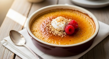 Flan de avena en un cuenco marrón claro sobre una servilleta blanca, con crema batida, migas y dos frambuesas. Cuchara a la izquierda en mesa de madera.