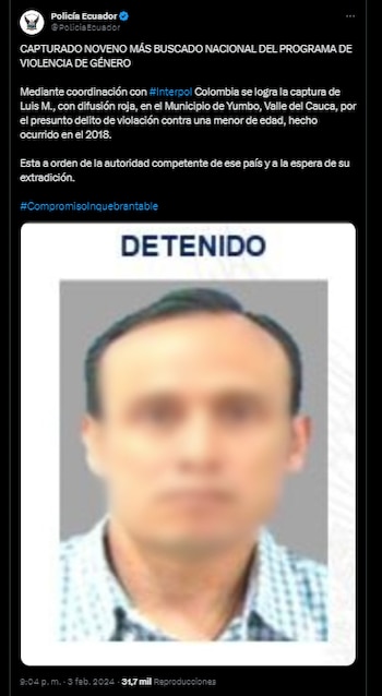 La Policía de Ecuador confirmó la captura del noveno más buscado en ese país, por violencia sexual. El hombre fue capturado en Yumbo (Valle del Cauca) - crédito @PoliciaEcuador / X