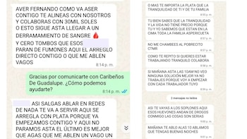 Una imagen que muestra dos columnas de capturas de pantalla de WhatsApp con mensajes de texto en español que contienen amenazas y demandas de dinero