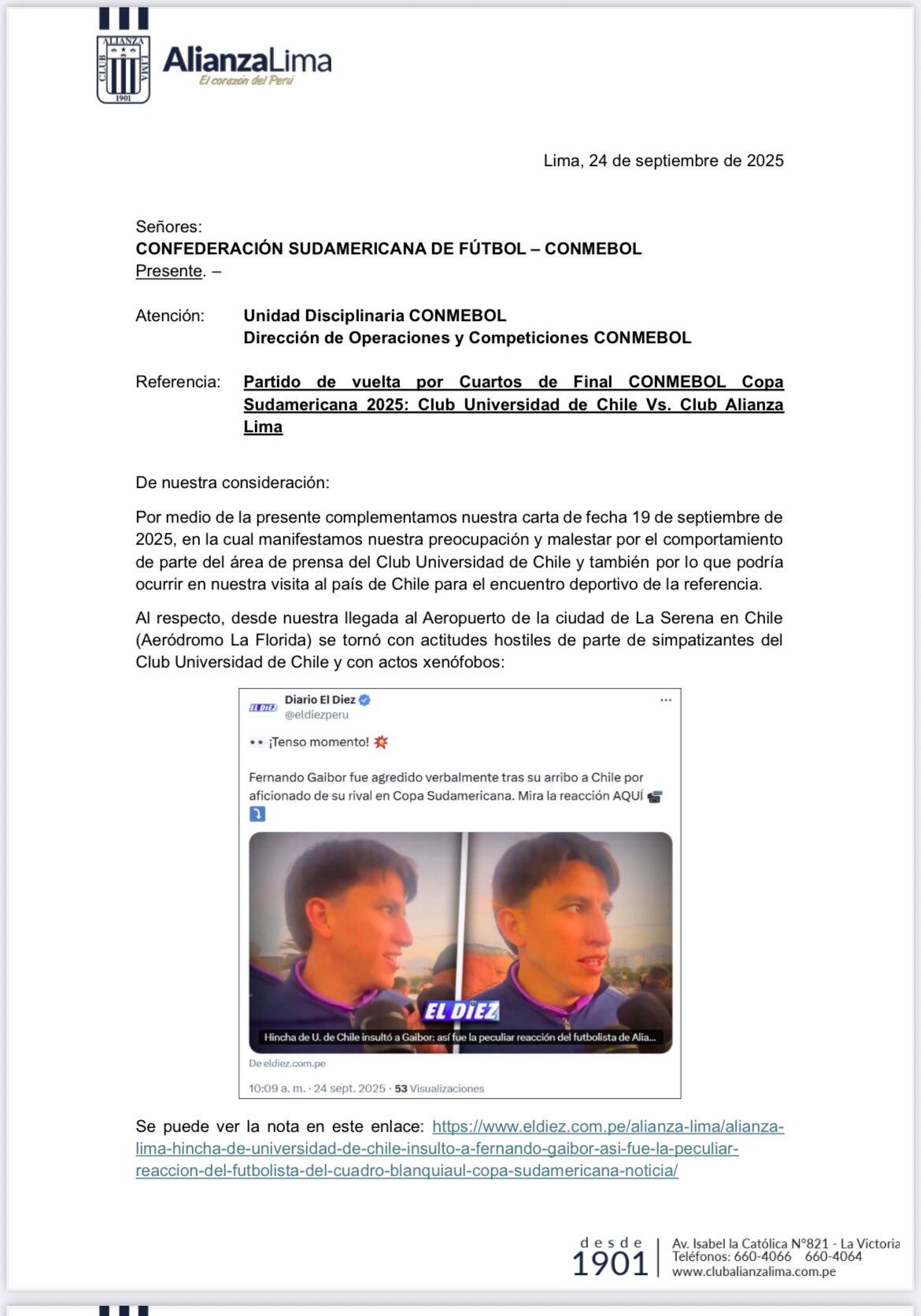 La documentación de Alianza Lima elevada a la CONMEBOL con respecto a la actitud hostil de los seguidores de la U. de Chile. - Crédito: Fernanda Huapaya
