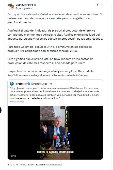 El presidente Gustavo Petro defendió el aumento del salario mínimo y negó que incremente la inflación - crédito @petrogustavo/X