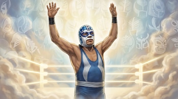 Ilustración de un luchador enmascarado azul y blanco, brazos levantados. Rodeado por un cuadrilátero brillante, nubes y máscaras difuminadas al fondo.