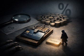 Una tarjeta de crédito en una ratonera, una figura camina hacia un botón 'Aceptar' brillante. Monedas en laberinto y sombra de porcentaje al fondo.
