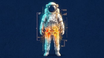 Ilustración de un astronauta con la pelvis y los huesos de las piernas iluminados en naranja sobre un fondo azul con gráficos digitalizados