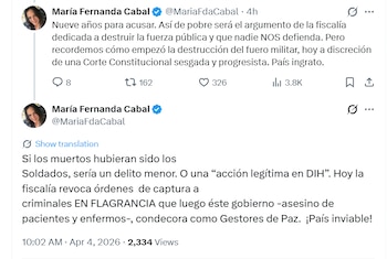 La congresista criticó el tiempo transcurrido para formular la acusación y cuestionó el papel de la Corte Constitucional en relación con el fuero militar - crédito @MariaFdaCabal/X