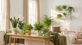 Salón moderno y luminoso con plantas de interior verdes en macetas blancas sobre una mesa de madera y estantes. Se aprecian cortinas beige y luz natural.