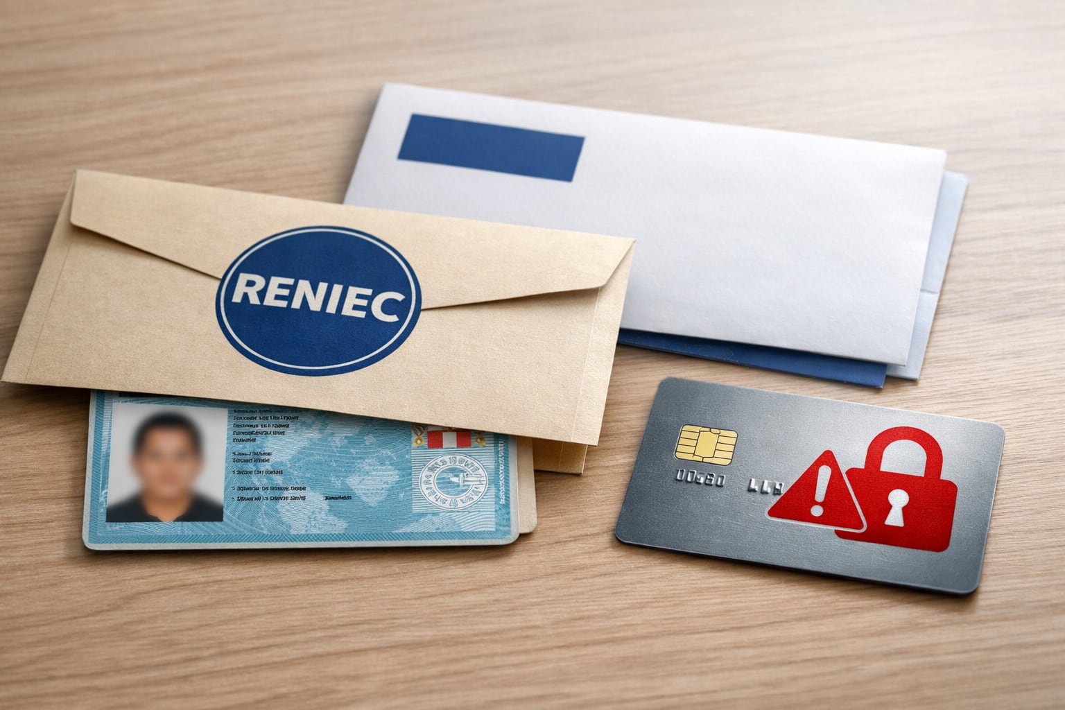 Documentos oficiales peruanos, incluido un DNI y un sobre de Reniec, junto a una tarjeta bancaria bloqueada, señalan la complejidad de los trámites administrativos. (Imagen Ilustrativa Infobae)