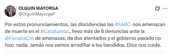 El dirigente social insistió en la necesidad de verdad, justicia y reparación para las víctimas antes de cualquier proceso de extradición - crédito @OlguinMayorgaP/X