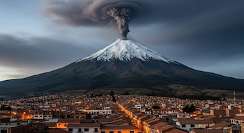 Volcán con cima nevada expulsa humo y ceniza sobre una ciudad de casas bajas con techos de teja y luces encendidas bajo un cielo nublado.