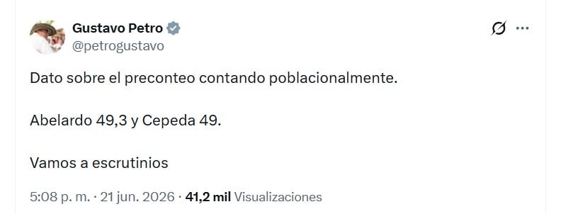 Petro señaló que la definición del próximo presidente pasará por los escrutinios oficiales - crédito @petrogustavo/X