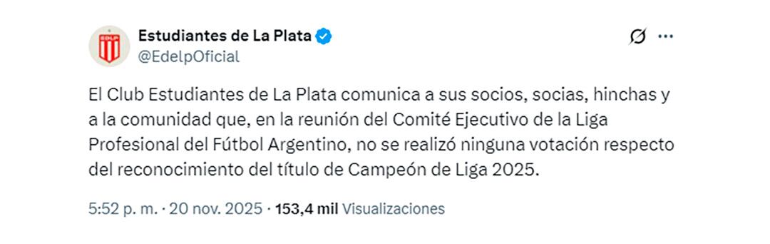 El mensaje de Estudiantes en su cuenta oficial de X (antes Twitter)