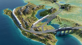 Mapa conceptual 3D del Perú con montañas, costa, ríos, túneles, puentes y vías férreas. Tres trenes de alta velocidad transitan por la red ferroviaria.