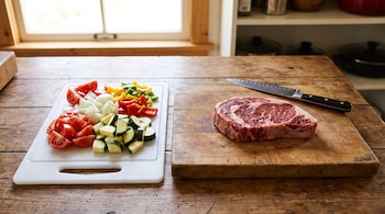 Una tabla de plástico con verduras picadas y una tabla de madera con un corte de carne cruda y un cuchillo sobre una mesa.