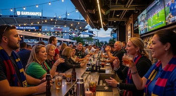 Múltiples personas disfrutan en un bar al aire libre, con bebidas, televisores mostrando fútbol y un estadio iluminado en el fondo al atardecer.