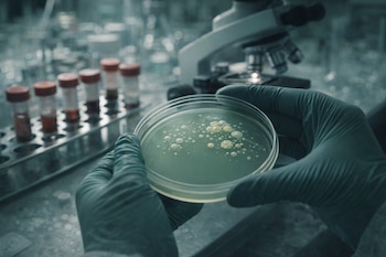 Manos con guantes sujetan una placa de Petri que contiene colonias de bacterias. Al fondo, un microscopio y tubos de ensayo en un laboratorio.