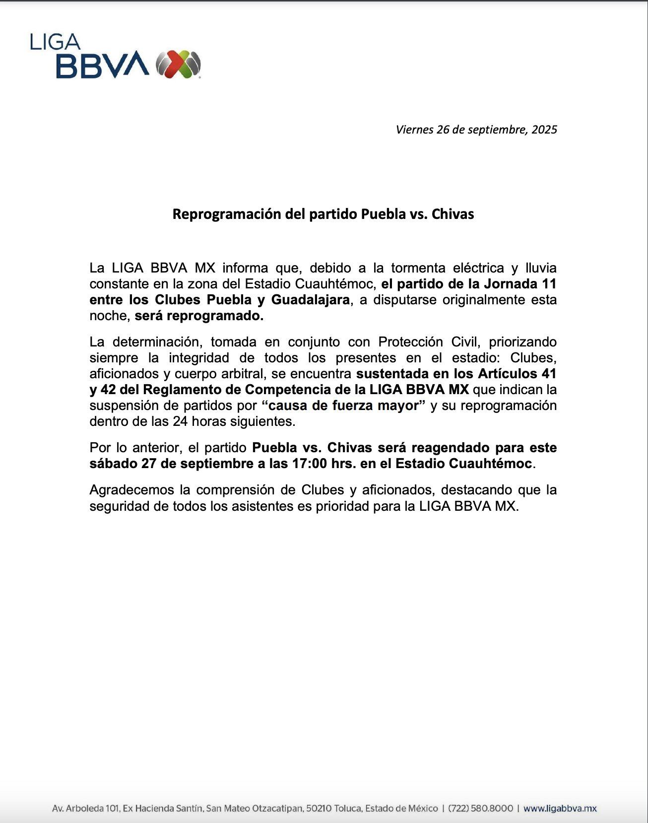La Liga MX compartió un comunicado oficial sobre la reprogramación del partido.