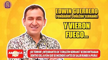 Gráfico con el retrato de Edwin Guerrero sobre fondo amarillo y textos informativos del programa América Hoy sobre el grupo Corazón Serrano