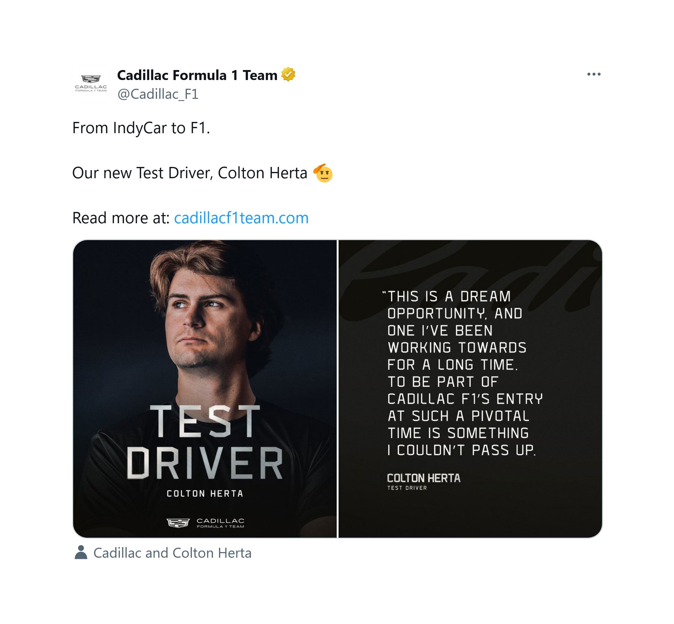 El posteo de Cadillac sobre la incorporación de Herta