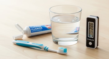 Vaso de agua, cepillo de dientes infantil turquesa y blanco, tubo de pasta dental con fluoruro y temporizador digital de 2 minutos sobre madera clara.