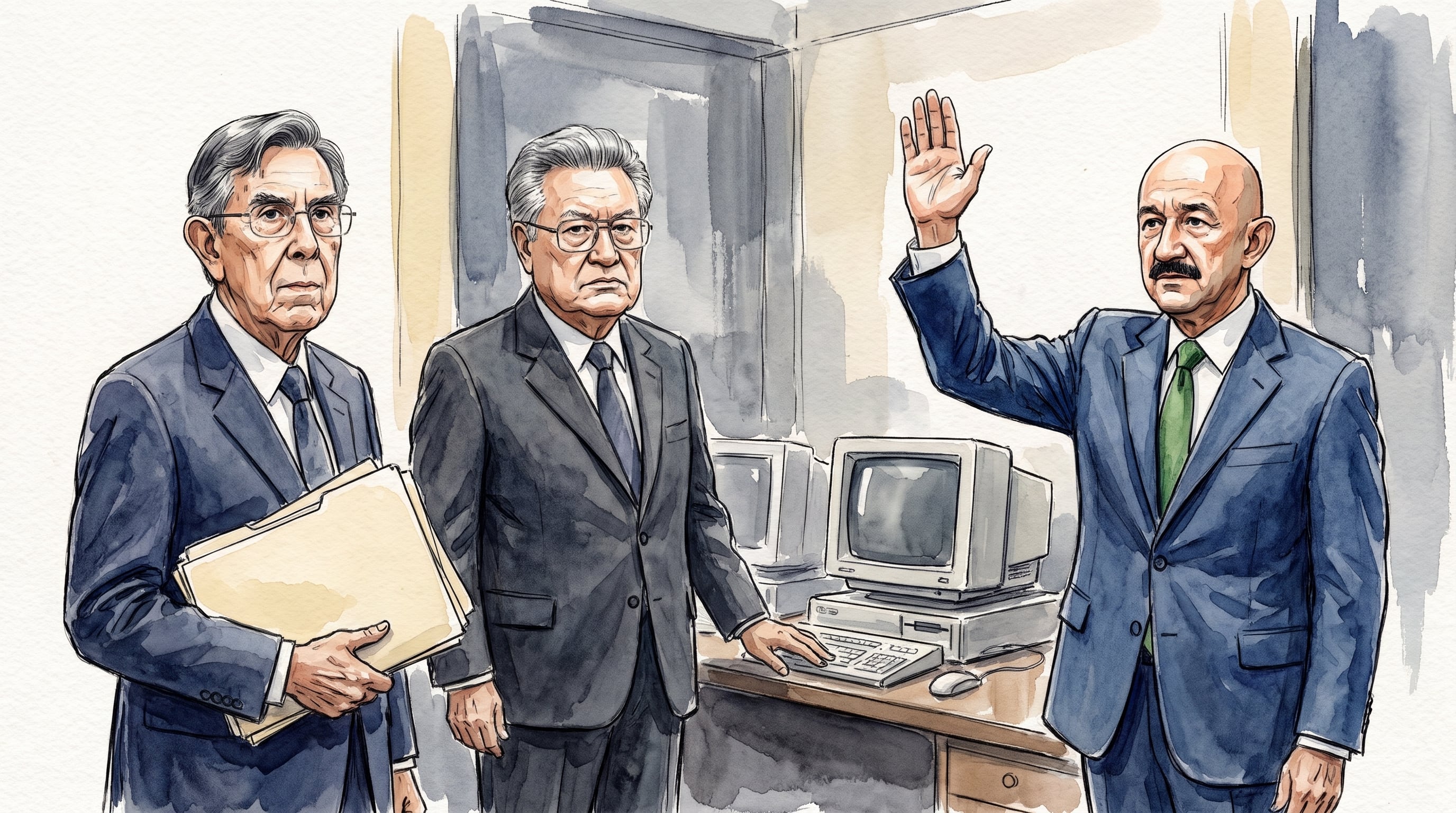 Cuauhtémoc Cárdenas, Manuel Bartlett y Carlos Salinas de Gortari figuran en una recreación artística ambientada en una sala oficial con computadoras antiguas. (Imagen Ilustrativa Infobae)