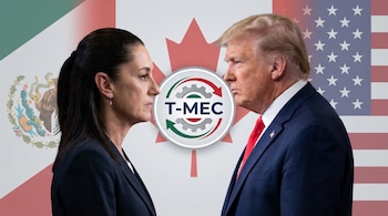 Imagen de Claudia Sheinbaum y Donald Trump mirándose fijamente, con el logo del T-MEC en el centro y las banderas de México, Canadá y EE. UU. difuminadas de fondo.