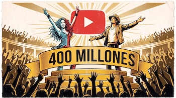 Dibujo de Shakira y Michael Jackson en una tarima con un cartel que dice 400 millones frente al logo de YouTube y una multitud de personas.