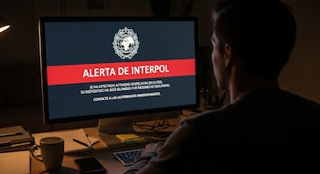 Persona de espaldas frente a una computadora de escritorio que exhibe una alerta de Interpol. Sobre el escritorio hay una taza, papeles y un teléfono móvil.