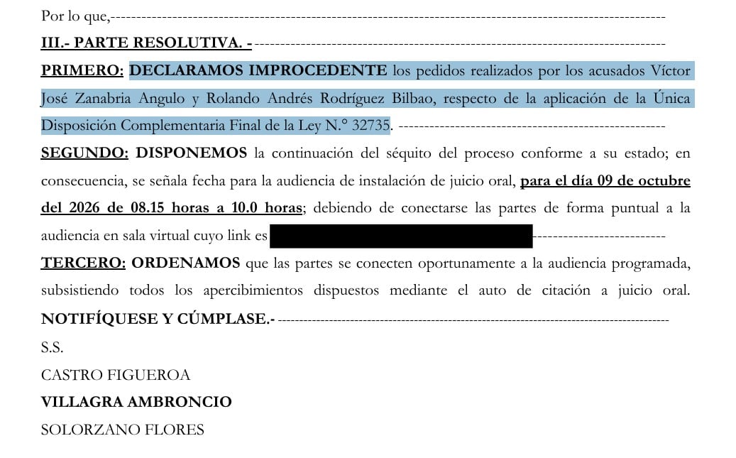 Un fallo judicial declara improcedente el pedido de los acusados Víctor José Zanabria Angulo y Rolando Andrés Rodríguez Bilbao sobre la Ley 32735 y programa el juicio oral para 2026.