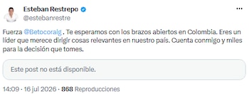 Esteban Restrepo apoia Beto Coral e destaca sua liderança após anúncio de demissão - crédito @estebanrestre/X