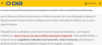 El diario deportivo brasileño O Dia referenciando la posible salida de Jorge Carrascal de Flamengo en el próximo mercado de pases - crédito O Dia/web
