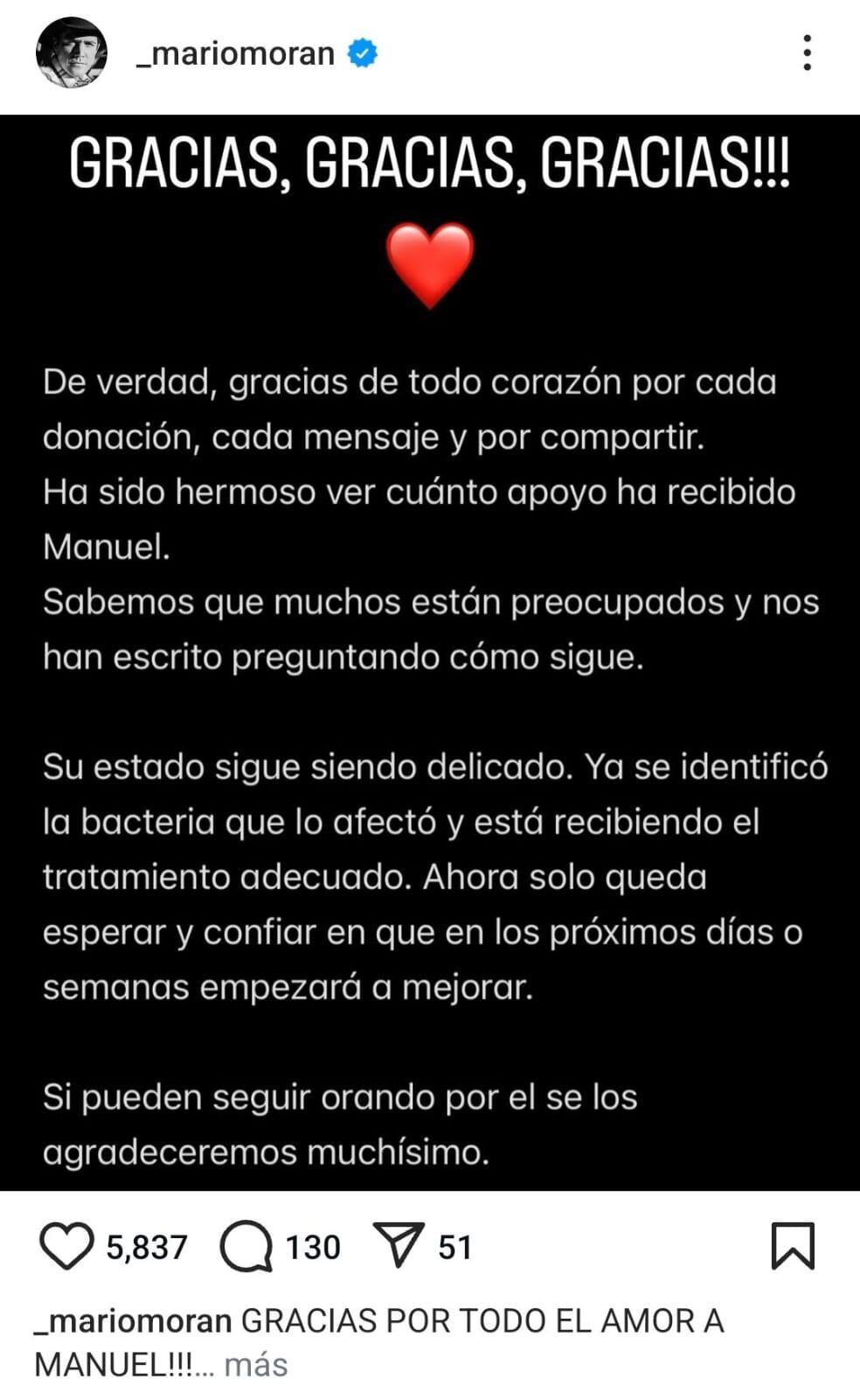 El actor Mario Moran informó en Instagram que Masalva presentó una ligera mejora. (Foto: @_mariomoran, Instagram)