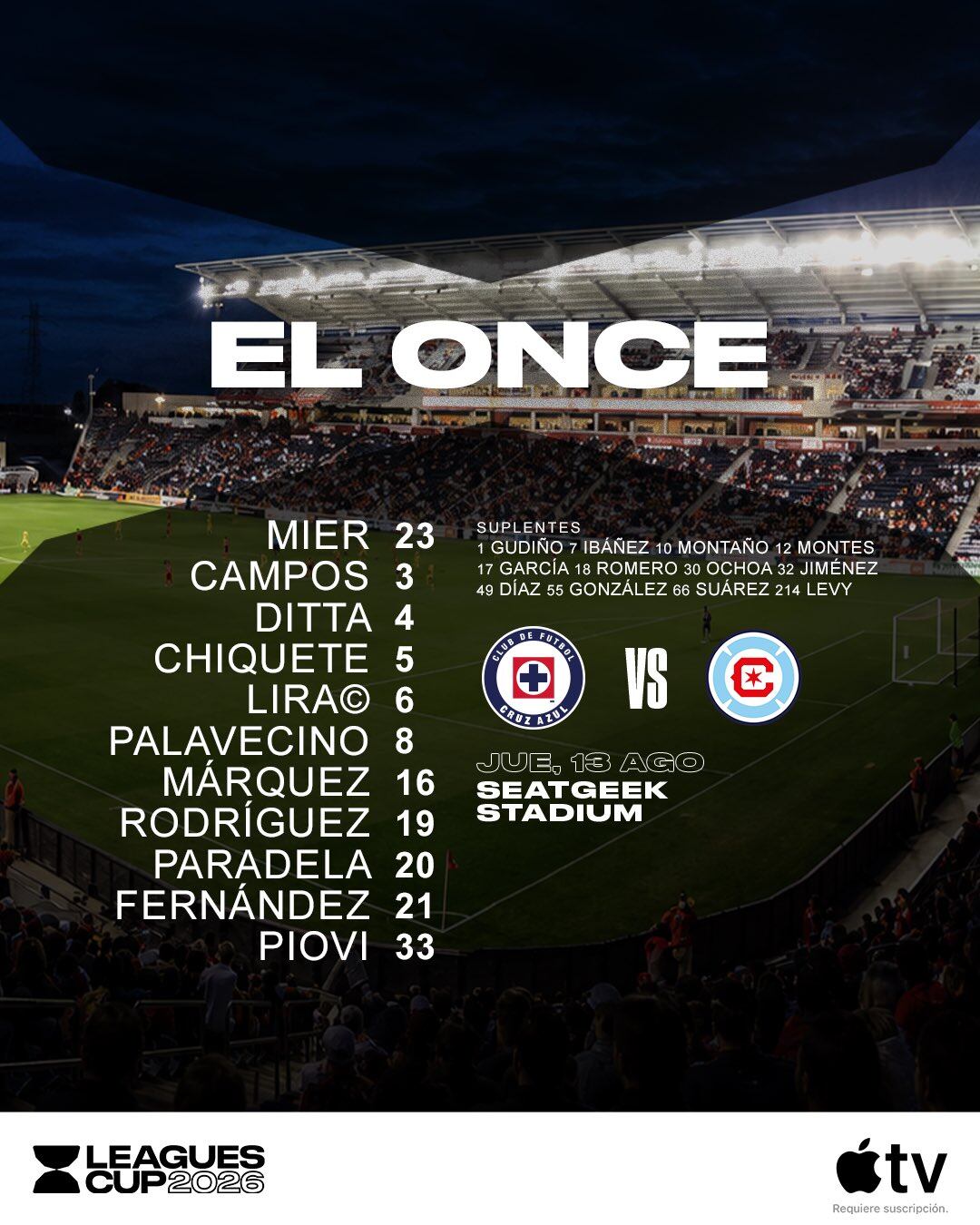 El once inicial de La Máquina para el partido frente al Chicago Fire. (X/ @CruzAzul)
