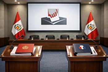 Salón de actos con dos podios de madera, carpetas institucionales, dos banderas de Perú, una pantalla con el logo de ONPE, una mesa larga y sillas.