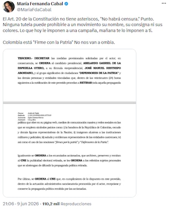 María Fernanda Cabal defendió libertad de expresión ante orden de tribuna con campaña de Abelardo de la Espriella - crédito @MariaFdaCabal/X