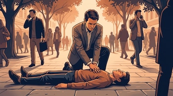 Ilustración de un hombre arrodillado con las manos sobre el pecho de otro tendido en el suelo, rodeados por peatones con teléfonos en una acera.