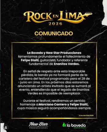 Comunicado oficial del festival Rock en Lima 2026 en un fondo oscuro, detallando el fallecimiento de Felipe Staiti y la no participación de Enanitos Verdes